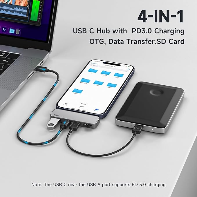 ZIKE USB-C iPhone Hub 4-in-1 Type-C Adapter for Data Transfer Micro SD/TF Card Reader USB3.2 Gen2 10Gbps*2 USB-A and PD3.0 Charging Port Hub for iPhone 17/16/15 Pro/Android/iPad/MacBook