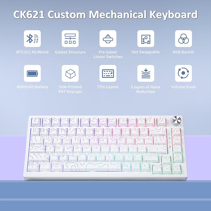 HUO JI 75% Wireless Mechanical Gaming Keyboard Bluetooth/2.4G/USB Wired Creamy Sound RGB Backlit Hot Swappable Pre-lubed Linear Switches Volume Knob Custom Gasket Structure for Win/Mac White