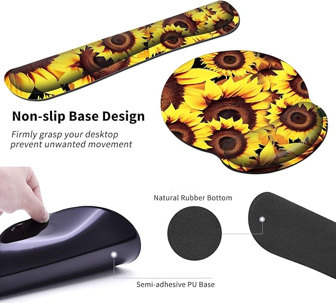 Sunflower Keyboard Wrist Rest+Mouse Pad with Wrist Support Gel+Coaster Set Ergonomic Design Enlarged Memory Foam Easy Typing Pain Relief Carpal Tunnel Cushion Kit for Computer Laptop Home Office