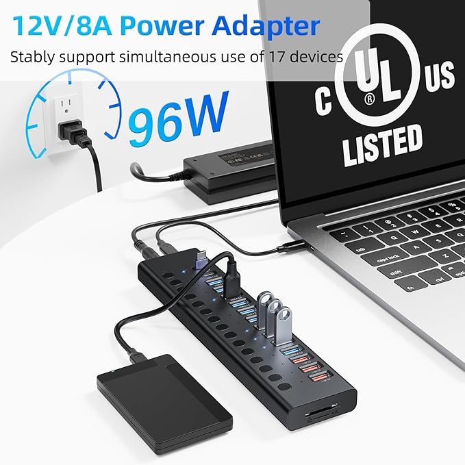 Powered USB Hub 10Gbps 17 Ports 96W USB 3.2 Hub(10 USB-A 3.2 Ports+3 QC 24W Fast Charging Ports+2 USB-C 3.2 Ports+SD/TF Card Reader) 12V/8A Power Adapter for Laptop PC Computer HDDFlash Drive