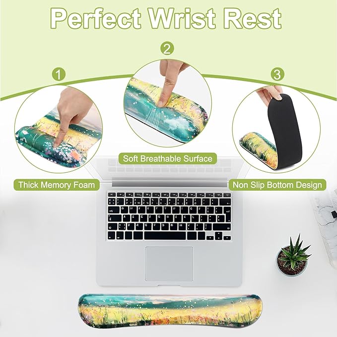 MEGREZ 4-in-1 Ergonomic Memory Foam Wrist Rest Set Desk Pad Mouse Pad with Wrist Rest Keyboard Pad Suitable for Office Workers Programmers &amp Gamers–Relieve Typing &amp Gaming Fatigue The Wi