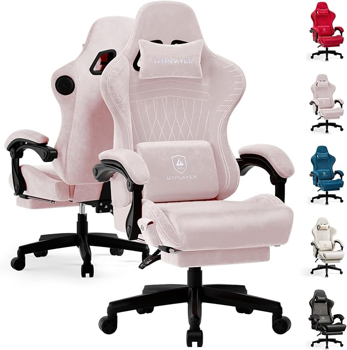 GTPLAYER ACE-PRO Music Gaming Chairs – Built-in Speakers App Support &amp Bluetooth Control Computer Game Chairs with Footrest for Adults Ergonomic Reclining Silla Linkage Armrest Pink 【Velvet】