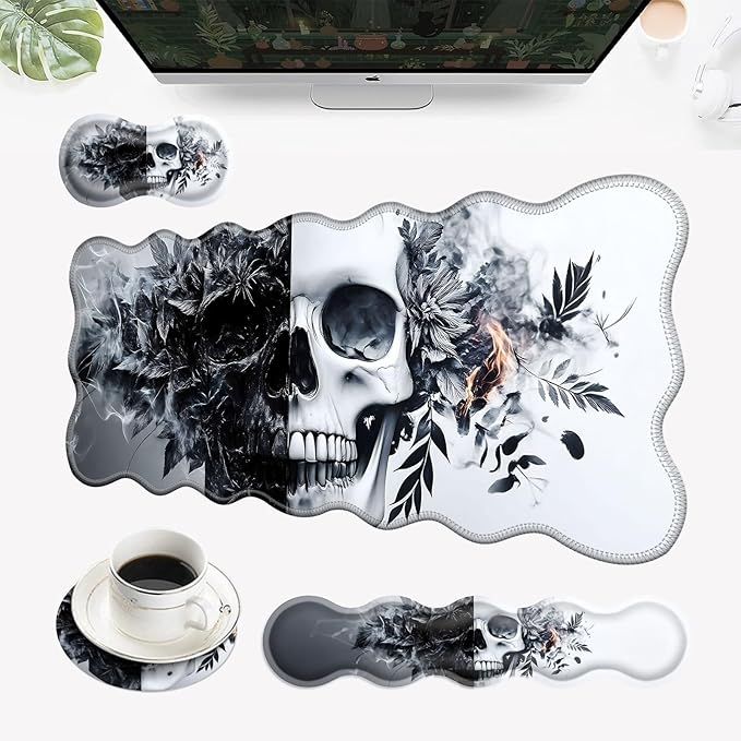 Desk Mat Mouse Pad with Wrist Rest 4-in-1 Large Mouse Pads for Desk Ergonomic Mouse Pad and Keyboard Wrist Rest Gaming Keyboard Mat for OfficeFunny Skull