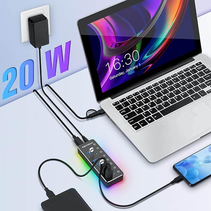 Powered USB Hub RSHTECH RGB 7 Ports USB 3.0/USB C Hub with 14 Mode RGB LED Strip Individual Touch Switches 3.3ft Cable and 5V/4A Power Adapter Aluminum Gaming USB Hub for PC and Laptop RSH-518R