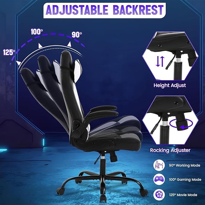 PC Gaming Chair - Ergonomic Height Adjustable Massage Office Chair with 360 Swivel Wide Seat and Headrest - White