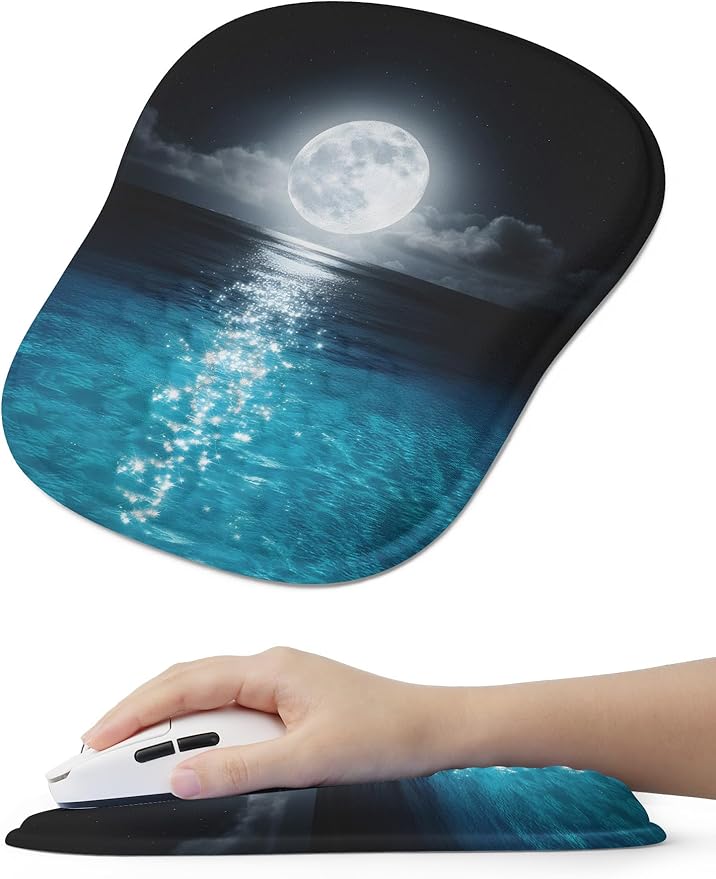 Blue Ocean and Moon Aesthetic Ergonomic Mouse Pad for Carpal Tunnel Pain Relief 65% Usable Mouse Area Memory Foam Concave Wrist Rest for Office PC Gaming