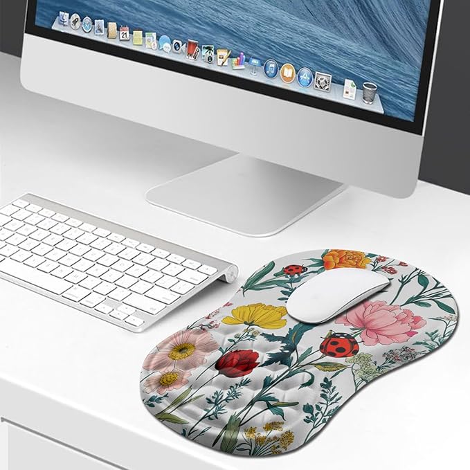 Hokafenle Ergonomic Mouse Pad Wrist Support Wrist Rest Mousepad for Carpal Tunnel Pain Relief with Integrated Memory Foam Slope Massage Bulge (11.8x7.9 inchFlowers and Ladybugs