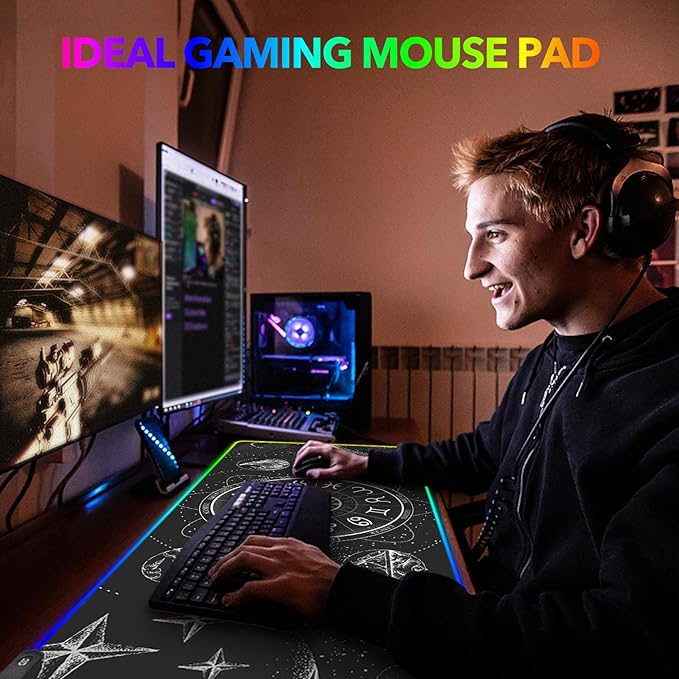 AIMSA RGB LED Gaming Mouse Pad 14 Modes Glow Pad Extra Large Gaming Mousepad 35.4 x 15.8 inch Extended Big Waterproof Keyboard Mouse Pad Mat Black Cosmic Constellation Magic