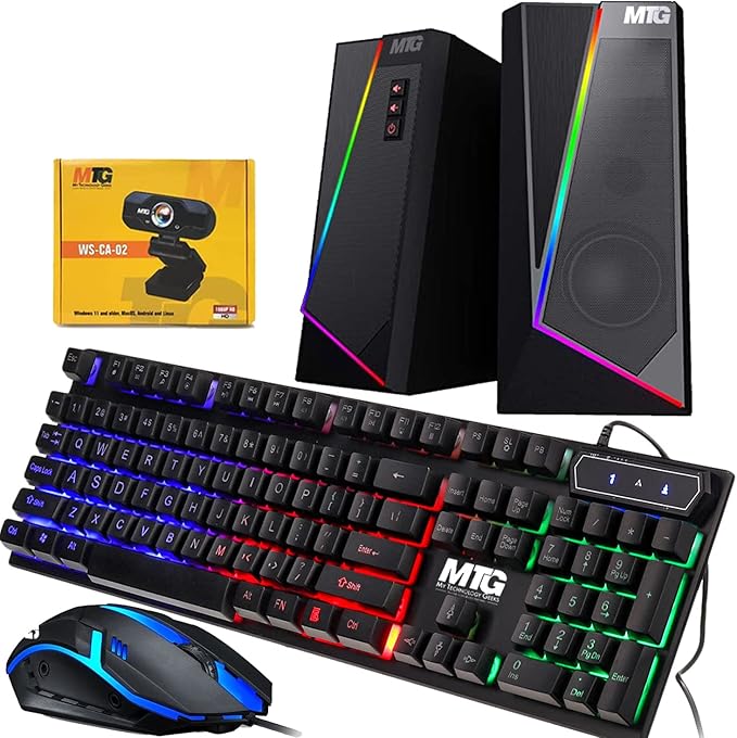 MTG RGB Backlit Mechanical Wired Gaming Keyboard and Mouse Full Anti-ghosting Keys RGB Stereo Speaker with 6 Colorful LED Modes and Webcam for Desktop PC Laptop Combo