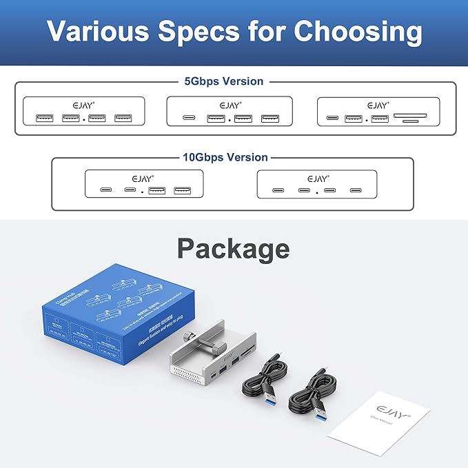 EJAY 5Ports USB3.0 HUB Alu Splitter Desktop Docking with Card Reader for Desk/Monitor Clipping with Extra Power Supply Port59inches Data &amp 39inches Power Cable-5Gbps(Silver)