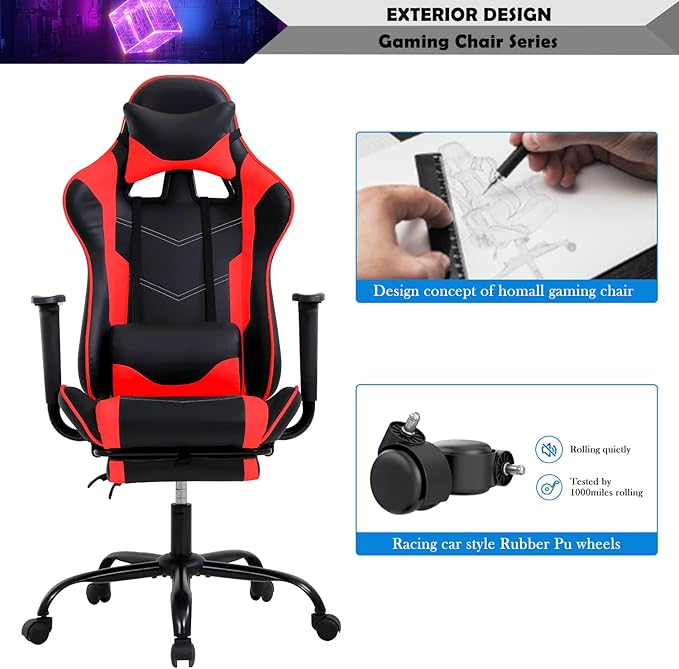Gaming Chair Racing Style Office Computer Game Chair Ergonomic Desk Chair with Headrest Lumbar SupportHigh Back Gamer Office Chair Massage Recliner Video Game Chairs for Kids or AdultsRed