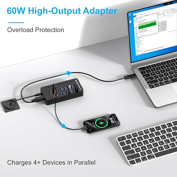 14-in-1 Powered USB Hub with 60W PD Charging 6 USB 3.0 Ports 4 Fast-Charging Ports 1 USB-C 3.0 Data Port &amp LED Switches for Laptop Phone Tablet