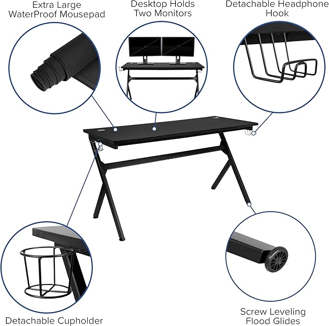 Flash Furniture Optis Gaming Desk and Blue Footrest Reclining Gaming Chair Set - Cup Holder/Headphone Hook/Removable Mouse Pad Top/Wire Management