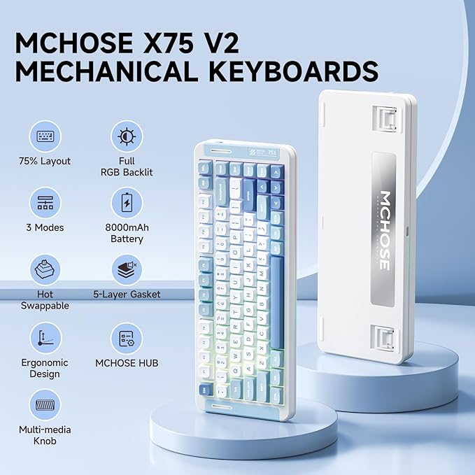 MCHOSE X75 V2 Wireless Mechanical Keyboard Volume Knob Tri-Mode BT5.0/2.4GHz/USB-C Hot Swappable Custom Keyboards Linear Switch Creamy Keyboards RGB Gaming Keyboard for PC/Tablet/PS/Xbox Blue