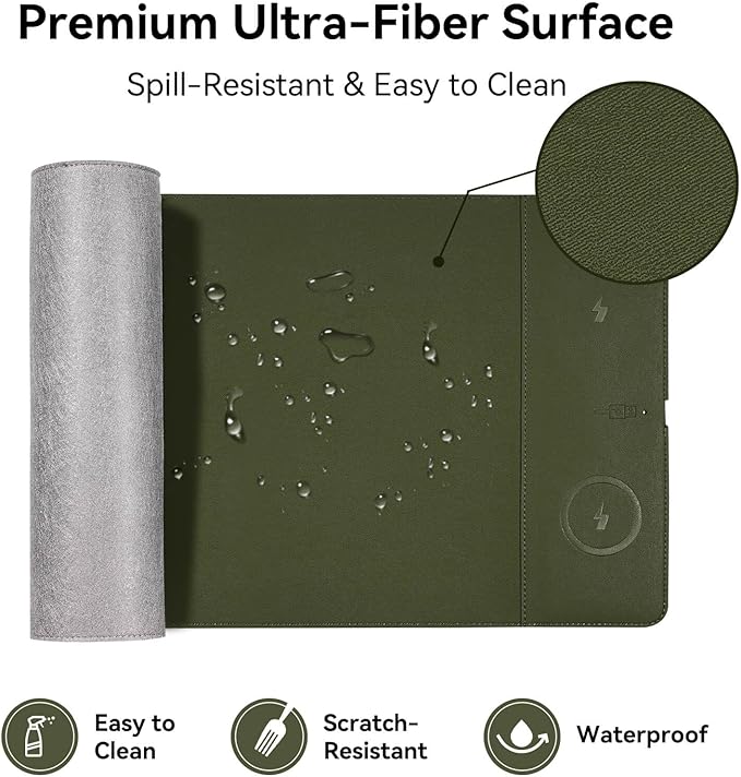 Wireless Charging Mouse Pad 15W Fast Charge Magnetic Charger Desk Pad Large Office Desk Mat (35.4x16.9) with Ultra-Smooth Surface Military Green Computer Mousepad for MacBook PC Laptop