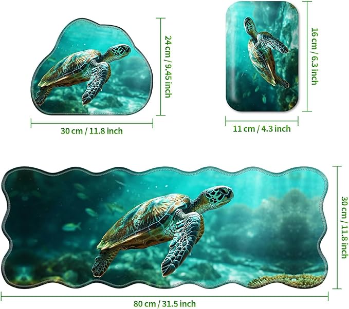 3-Piece Ergonomic Desk Mat &amp Cloud Wrist Rest Set Large 31.5 x 11.8 Wave Office Desk Pad with Memory Foam Support Non-Slip Computer Protector for Home Gaming &amp Writing Blue Sea Turtle