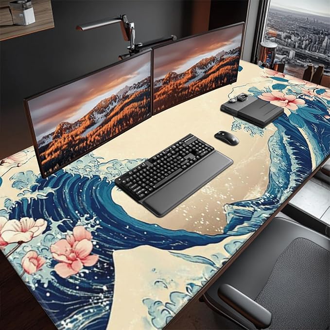 Japanese Sea Wave Extended Large Mouse Pad for Desk 48x24 Big Gaming Mouse Pads with Stitched Edges Non-Slip Rubber Base Computer Desk Mat Mouse Mat for Home Office Work