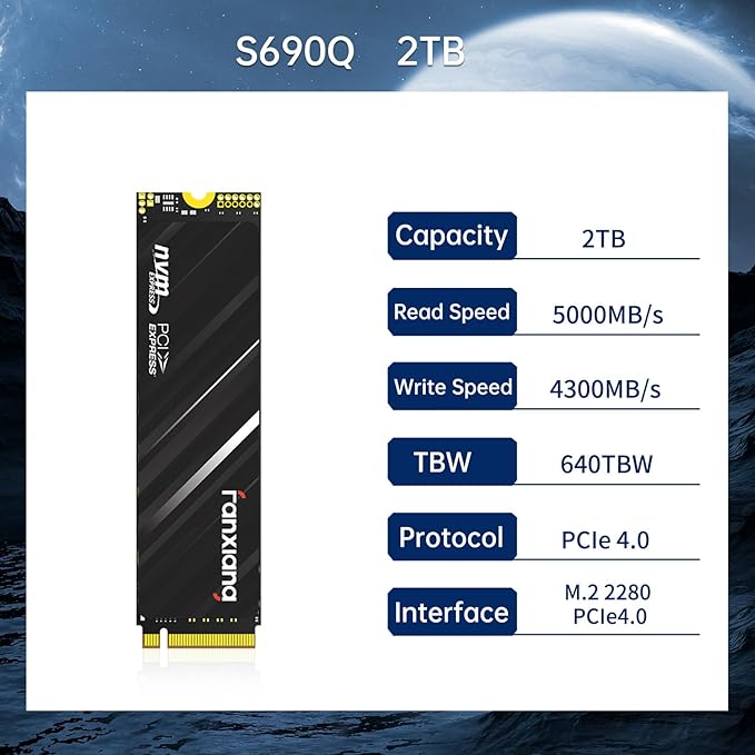 fanxiang 2TB NVMe SSD PCIe Gen4 M.2 SSD for PS5 Up to 5000 MB/s Internal Gaming 3D NAND SLC Cache Solid State Drive Upgrade Storage for PC/Laptops S690Q