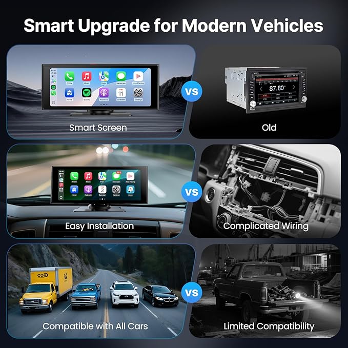 WonVon Wireless Car Play Screen 10.26'' Monitor with Apple Carplay &amp Android Auto 4K Dash Cam 64G 1080P Backup Camera Portable Smart Touch Tablet Stereo Multimedia Dashboard Bluetooth/FM/GPS/