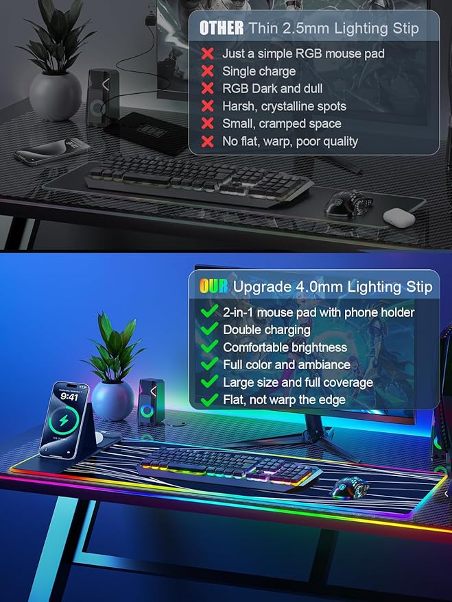 XXL Mouse Pad with Foldable Phone Holder - Black RGB Desk Mat with 15W Fast Charging LED Gaming Mousepad with 11 Light Colors Waterproof Non-Slip Pad (Stand XXL RGB Wavy)