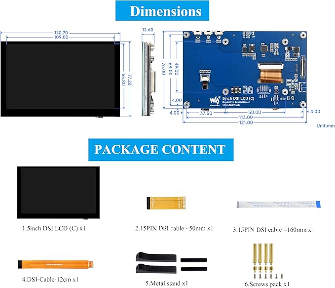 5inch DSI LCD 5-Point Capacitive Touch Screen Monitor for Raspberry Pi Pi5/4B/3B+/3B/3A+/CM4/CM3+/CM3 1024 x 600 Resolution IPS Display Screen DSI Interface 178° Viewing Angle No Driver Required