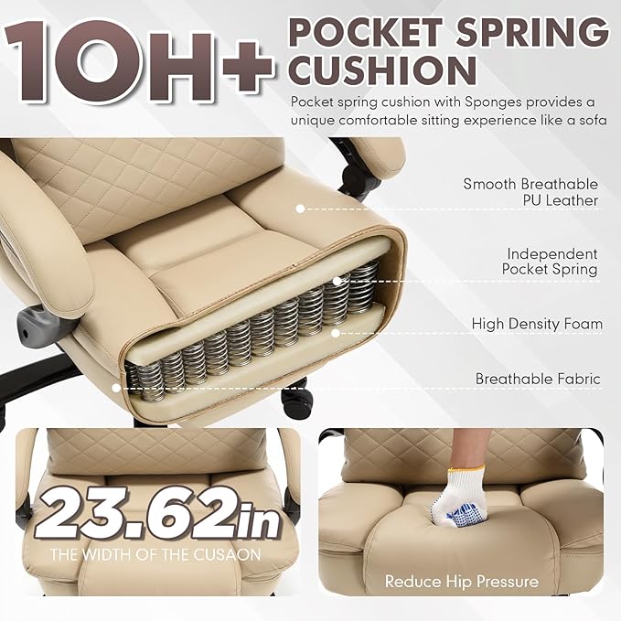 500lbs Plus Size Office Chair with Lumbar Support PU Leather Big and Tall Heavy Duty Reclining Office Desk Chair with Foot RestBeige