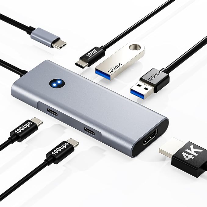 USB C Hub 6-in-1 with 4K@60Hz HDMI 2 USB-C &amp 2 USB-A 10Gbps Ports Privacy Button 100W PD – Dual USB C Dongle for Mac Laptops Tablets Windows Laptops and More USB-C Devices