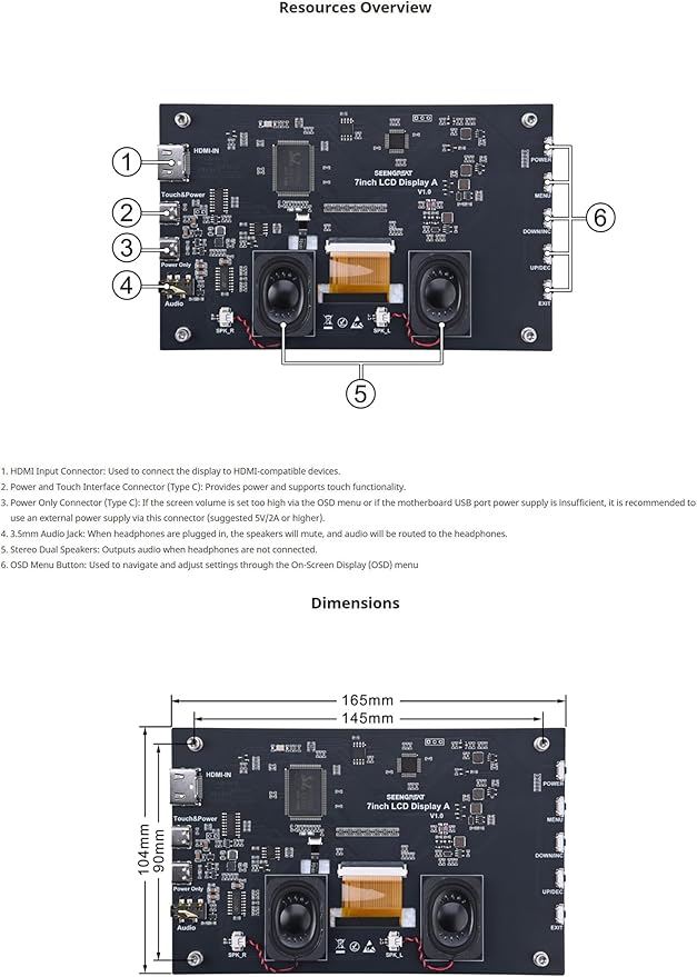 7inch HDMI Display TFT Capacitive Touchscreen 1024×600 Resolution Compatible with Raspberry Pi Jetson Nano Windows 5-Point Multi-Touch Stereo Speakers Audio Jack &amp OSD Controls