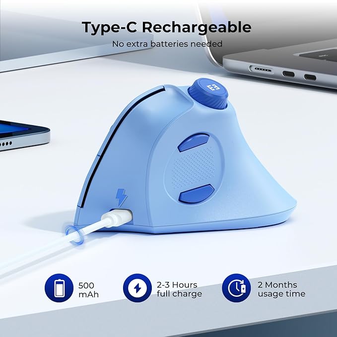 seenda Ergonomic Mouse Wireless MOU-302 Bluetooth Vertical Mouse Rechargeable Optical Mice with 1000/1600/2400 DPI Volume Knob 3 Multi-Device Connectivity for Computer/PC/Laptop/Mac Blue