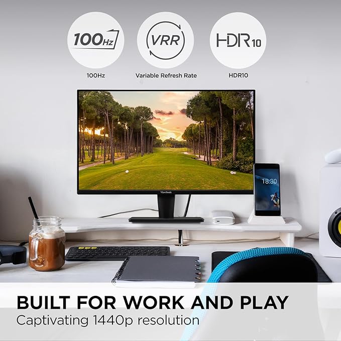 ViewSonic VS2725-2K 27 Inch QHD 1440p Monitor with 100Hz HDMI DisplayPort and Variable Refresh Rate for Home and Office