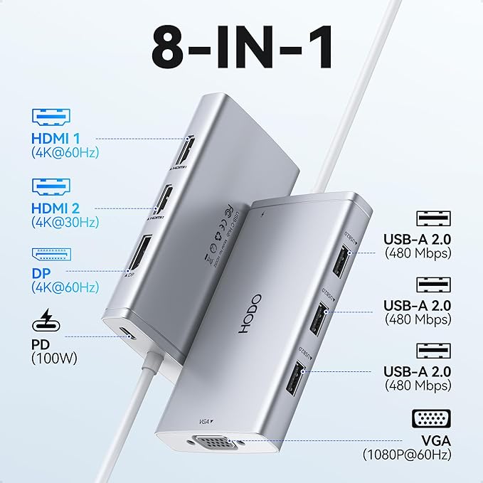 USB C Docking Station Dual Monitor Adapter for Dell HP Laptop Docking Station 3 Monitors Quadruple Display USB C Hub Dongle to 4K HDMI+DisplayPort+VGA100W PD 3USB2.0 8 in 1 Thunderbolt Dock