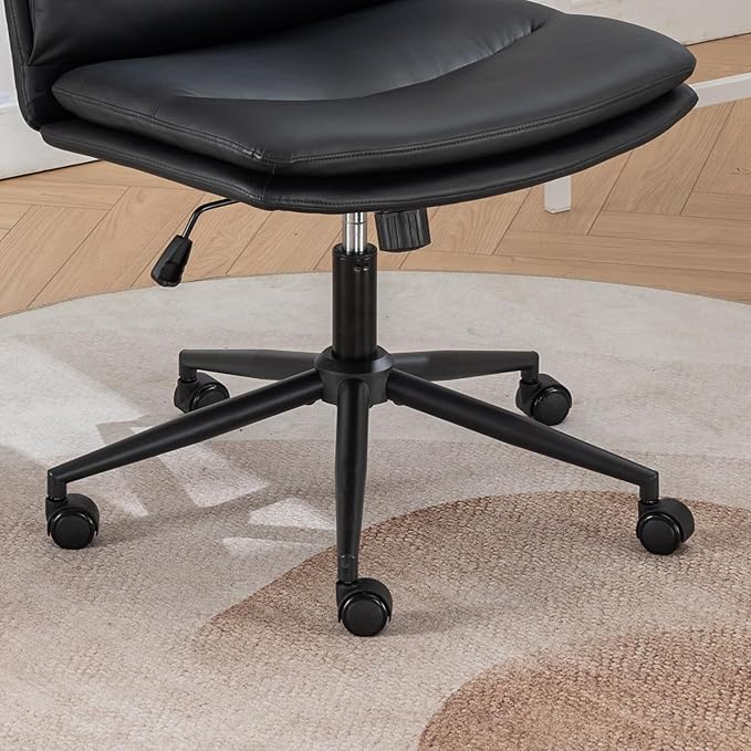 Adjustable Swivel Criss Cross Chair with Wheels Wide Seat Office Chair with PU Leather Computer Desk Chair with Ergonomic Support Modern Vanity Chair for Home &amp WorkspaceBlack
