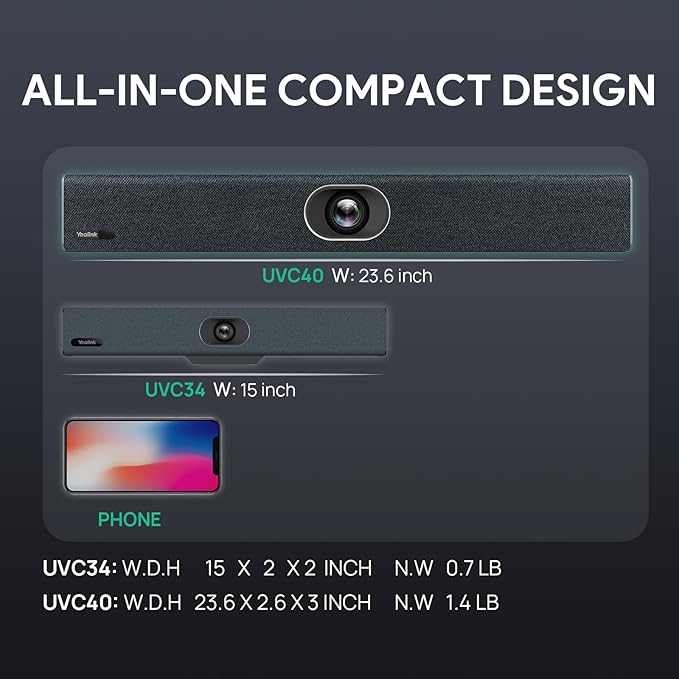 Yealink UVC40-BYOD 4K 60FPS USB Video Conference Camera Teams Zoom Certified 133° Wide Angle Webcam with 8 Microphones and Speakers Audio and Video Conferencing System for Small Huddle Rooms USB-C
