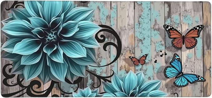 Blue Floral Butterfly Mouse PadDesk MatLarge Waterproof Non-Slip Rubber Mousepad with Stitched Edges Office Home Computer Desk Accessories35.4X15.7