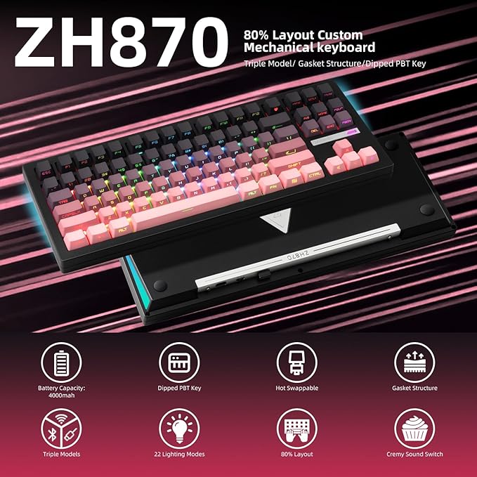 ZORNHER ZH870 Wireless Mechanical Gaming Keyboard80% Pink &amp Purple Custom Creamy Sound Keyboard with Shine Through PBT KeycapsPre-lubed Linear SwitchesHot-SwappableRGB Backlit2.4GHz/USB-C/BT5