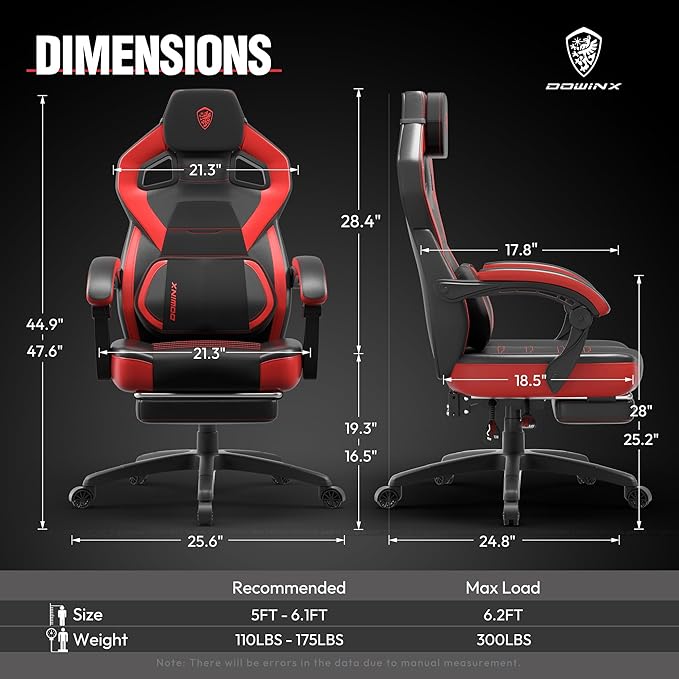 Dowinx Gaming Chair with Footrest Big and Tall Gaming Chair for Heavy People Gamer Chair for Adult with Massage Ergonomic Gaming Chair with headrest Computer Game Chair for 200lbs Red