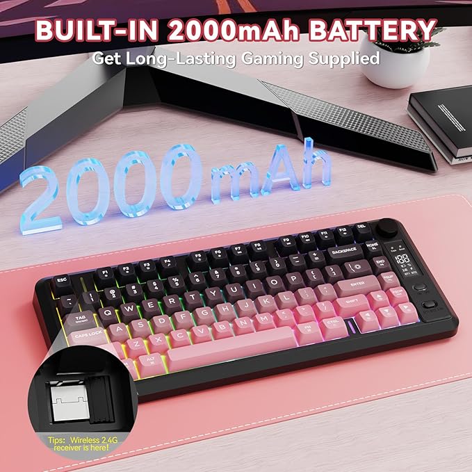 ZIYOU LANG M75 Wireless Gaming Keyboard RGB Backlit Rechargeable 2000mAh Battery Small Membrane But Mechanical Feel Keyboard with Smart Display &amp Knob PBT Gradient keycaps for PC MAC-BlackBerr