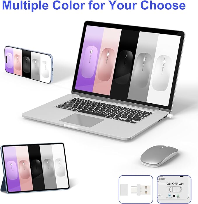 Bluetooth Wireless Mouse for MacBook Air Mac Pro iPad Laptop Computer Pad Optical Rechargeable Slim Silent Dual Mode (2.4G USB-C/USB-A&ampBluetooth 5.2/3.0) Mouse Jiggler for Computer Awakening(Grey)
