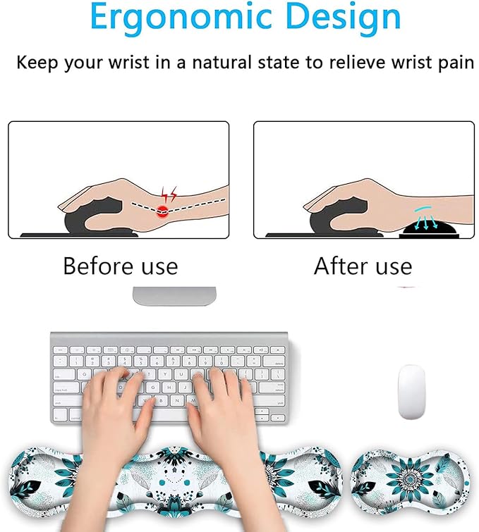 Keyboard Wrist Rest SetMemory Foam Wrist Support Mouse Pad31.5x11.8 Desk Mat for Comfortable Typing &amp Pain ReliefNon-Slip Base for Office &amp Home Use - Floral Feather