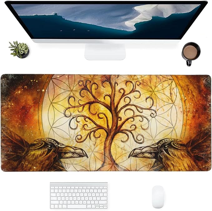 Ravens Tree of Life Large Mouse Pad Gaming Mousepad with Wrist Support Rubber Computer Keyboard Mat for Desk Laptop Non-Slip Full Deskmat Protector Waterproof Writing Pad Office Home 16x35.5 in