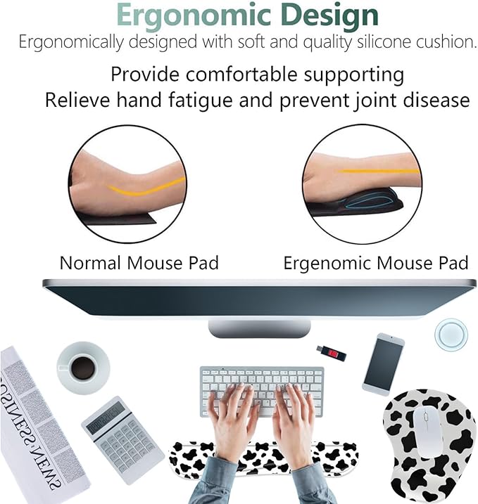 Keyboard Wrist Rest Pad Ergonomic Mouse Pad SetNon-Slip PU Base for Laptop Home Gaming OfficeMatching Elephant Pen Holder and Cup Coaster(Cute Cow Pattern)