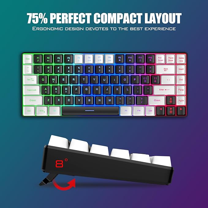 RedThunder K84 Wireless Keyboard and Mouse Combo Rainbow Backlit Rechargeable Battery 75% Layout TKL Ultra Compact Gaming Keyboard &amp Lightweight 3200 DPI Honeycomb Optical Mouse (Black-White)
