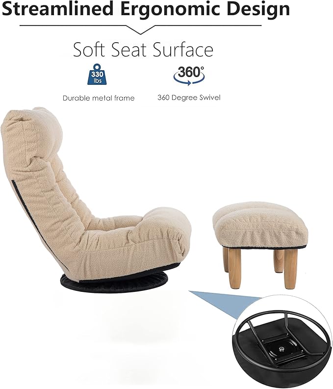 Yoglad Japanese Style Chaise Lounge Sofa Chair Floor Lazy Sofa for Reading Game Meditating 3 Adjustable Positions with Comfortable Backrest (White Ottoman)