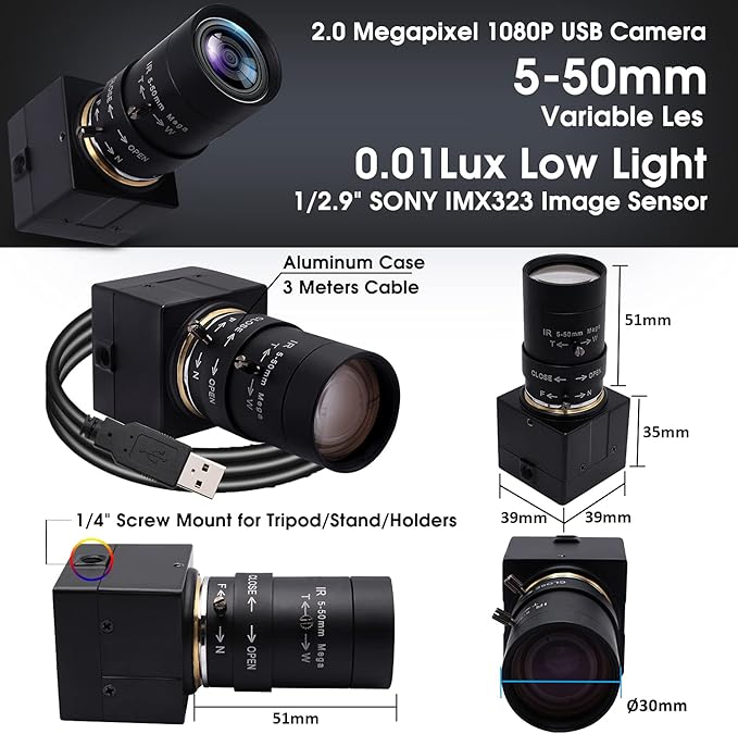 SVPRO 5-50mm Zoom Lens USB Camera 1080P with Sony IMX323 Sensor H.264 HD Camera with 0.01lux Ultra Low Light USB Webcam for Weak Light ConditionsPC Cam for Windows Linux Mac Android