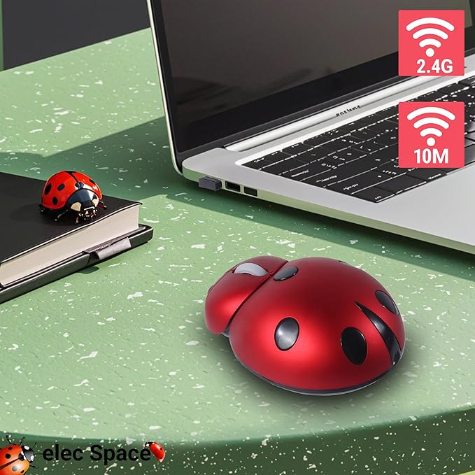 elec Space Wireless Mouse for Laptop &amp Kids Cute Ladybug Shape Ergonomic Mouse with Case Cordless for Laptop PC Mac &amp Notebook (Red)