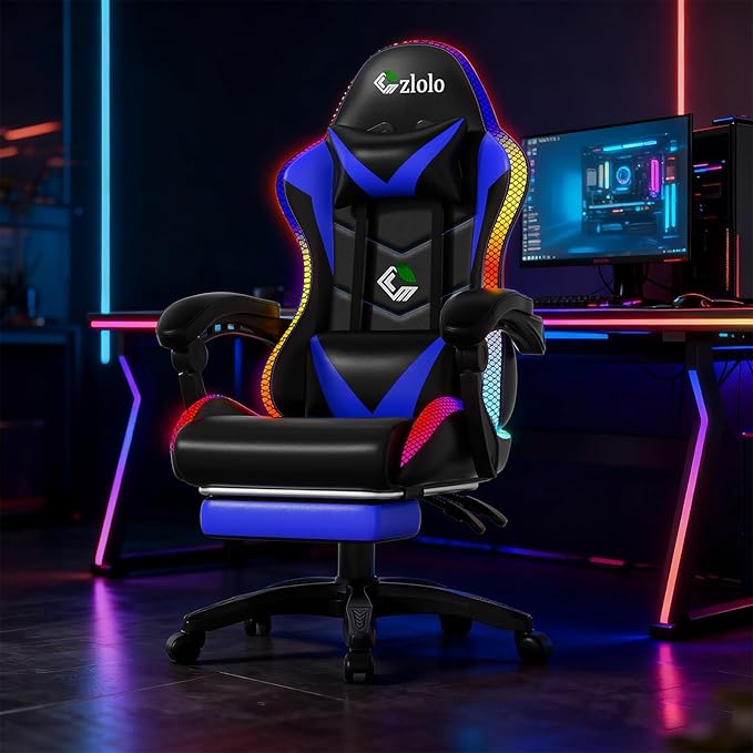 Gaming Chair Racing Style RGB LED Lights Gaming Chairs for Adults and Kids Lumbar Massager Gamer Chair High Back Reclining Computer Chair with Footrest and Headrest (Black/Blue)