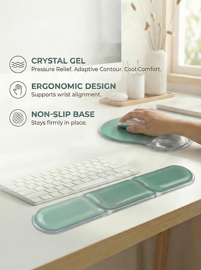 AUPET Ergonomic Gel Mouse Pad and Keyboard Wrist Rest Set Crystal Gel Cushion Support PU Base Smooth Tracking Surface Easy to Clean Desk Accessories for Office Home Laptop (Gradient Mint Green)