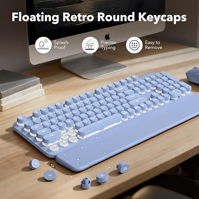 Wireless Keyboard and Mouse Combo Backlit Round Keycaps Retro Typewriter Keyboard with Detachable Wrist Rest Rechargeable &amp Tilt Legs 2.4GHz Cordless Connection for Windows/PC (Glowing Purple)