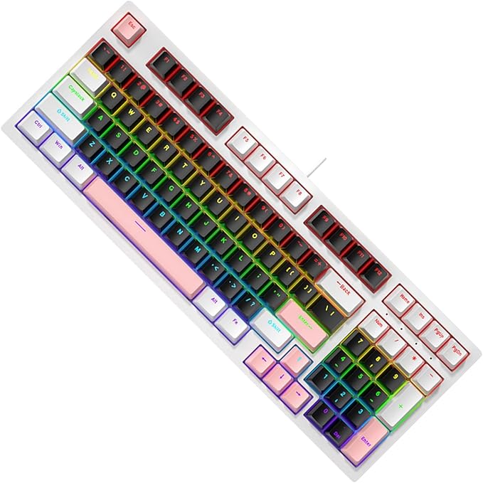 Small 98Keys Mechanical Gaming Keyboard with LED Backlights Ergonomic Keyboard for PC Gamers Office Wire Keyboard