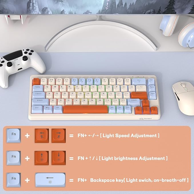 M68 65% Wireless Gaming KeyboardBluetooth/2.4GHz/ Wired Tri-Mode Silent Membrane KeyboardPBT Keycaps2000mAH Rechargeable67 Keys Rainbow LED Backlit PC Gaming Keyboard for Win/Mac-Blueberry